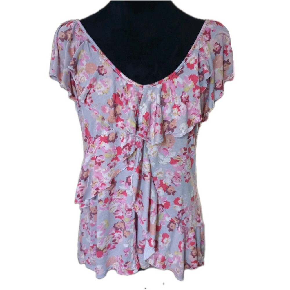 Lauren Conrad Women's S Gray Floral Short Sleeve Ruffle Blouse